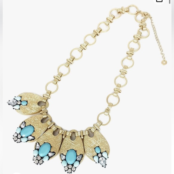 Lydell NYC Gold Tone Blue Crystal Flower bib Statement Necklace - Picture 2 of 5